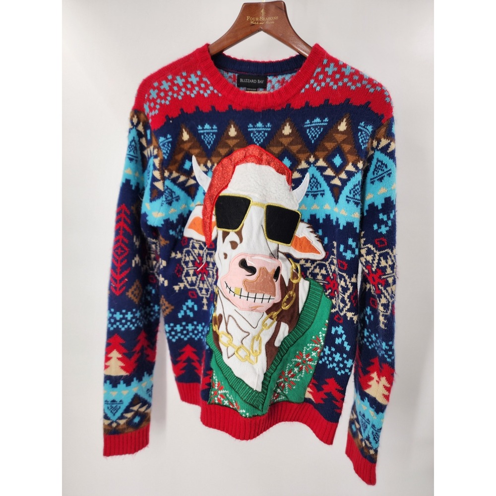 Blizzard Bay Mens Ugly Christmas Sweater Blue Cow Sunglasses Santa Hat Small